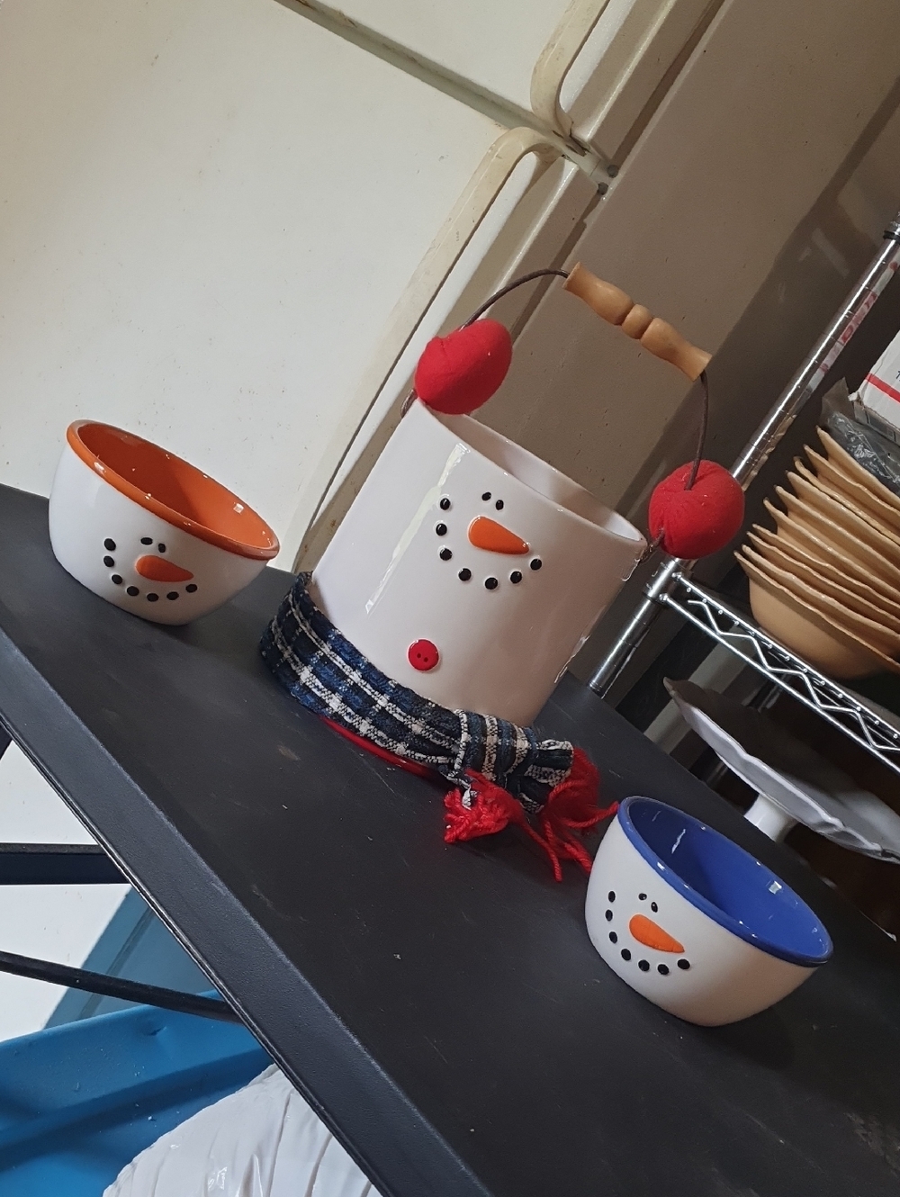 Ceramic Snowman Jar with Two Accent Bowls - White, Orange, Blue